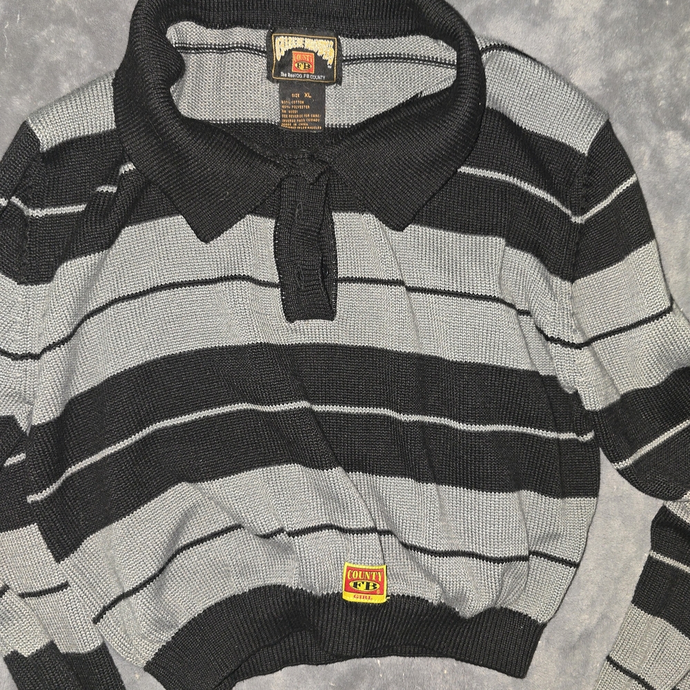 Striped Polo Crop Sweater in Black & Gray - Picture 2 of 2